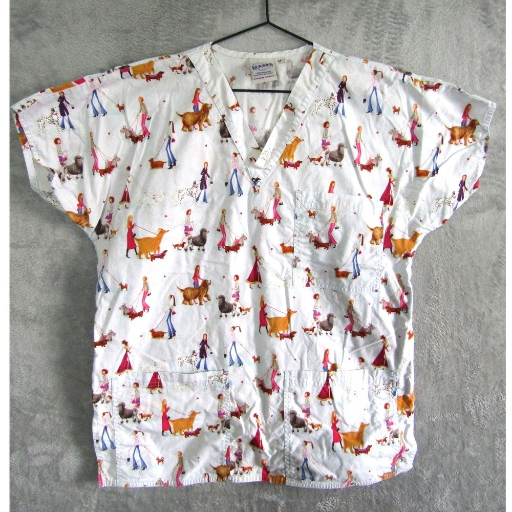 SCRUBS Top Short Sleeve Dog Walking Print V‎ Neck White Blue Pink Size M